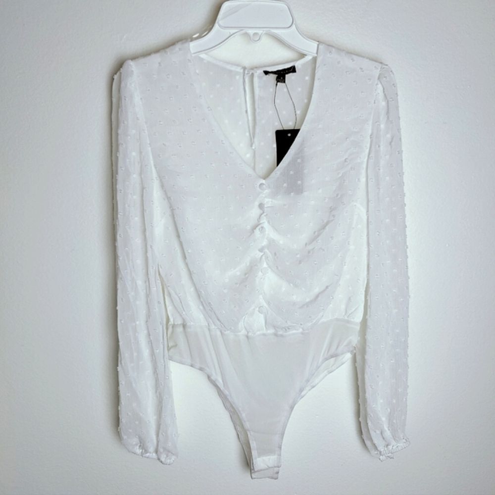 NWT Shinestar Sheer Flocked Polka Dot Long Sleeve White Blouse Bodysuit, Sz M